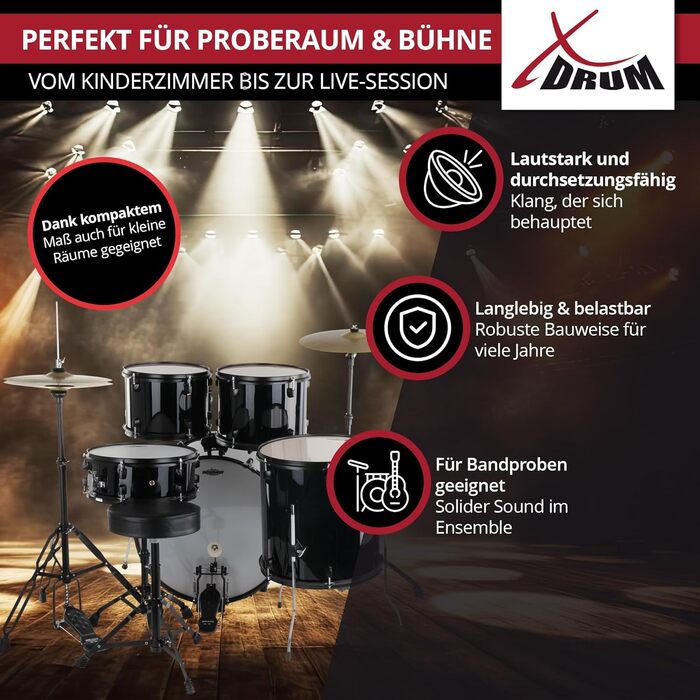 XDrum Rookie 20' Комплект барабанів для студії Black - Ідеальний для початківців - Стильне чорне обладнання - З паличками, інструкцією та школою барабанщиків