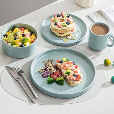 Набір посуду Vancasso SESAM Serie з каменю, 16 предметів, для 4-12 осіб. Тарілки, миски, чашки, скандинавський дизайн, темно-сірий, сірий, блакитний, зелений