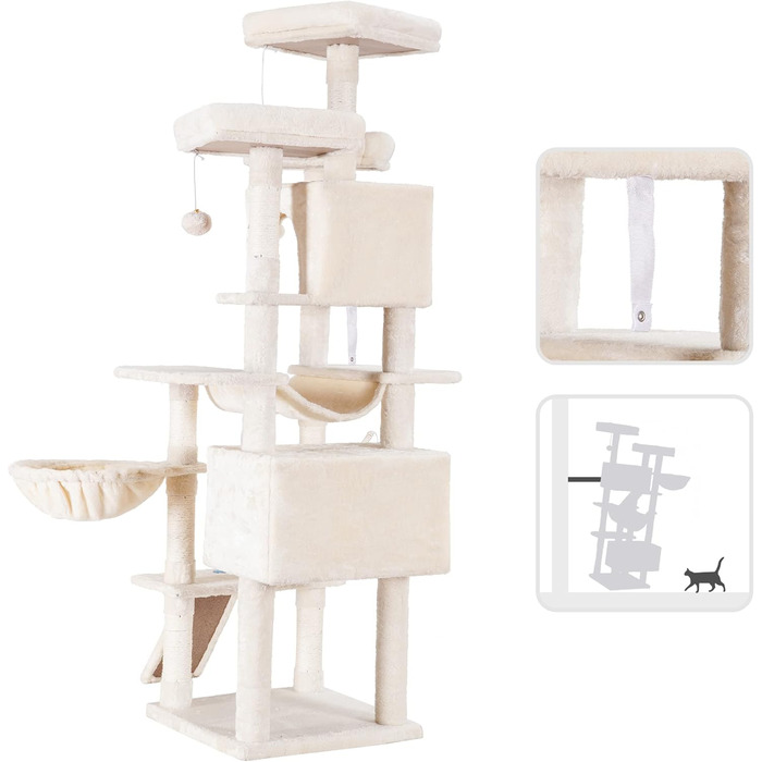 Великий котячий будиночок Hey-brother Kratzbaum XXL, 180 см, стабільний з сизалевим мотузком, велике дряпальний борд, кошик, 3 платформи та 2 будиночки (Бежевий)