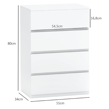 HOMCOM Chest of Drawers, Sideboard with 4 Drawers, Tip-Resistant Office Cabinet in White, 55 x 33 x 80 cm, ideal for living and working areas