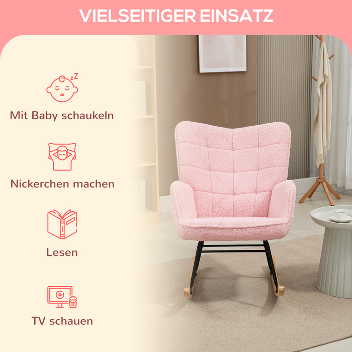 HOMCOM Rocking Chair Glider Accent Chair Rocker Recliner Living Room Chair for Bedroom, up to 120 kg, Faux Sheepskin, Pink | Aosom