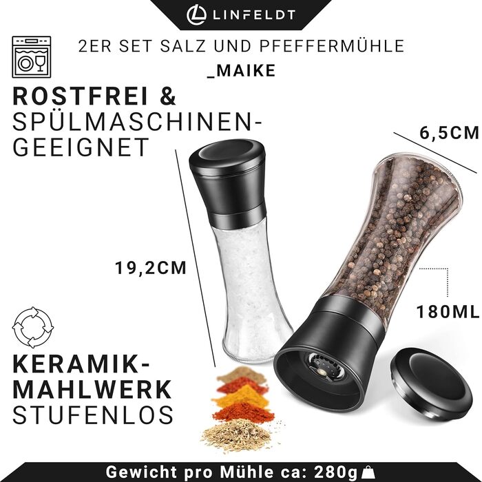 Набір з 2 мельниць для солі та перцю з регульованим керамічним жорном, нержавіюча сталь, придатні для миття в посудомийній машині, чорний, 19,2x6,5 см