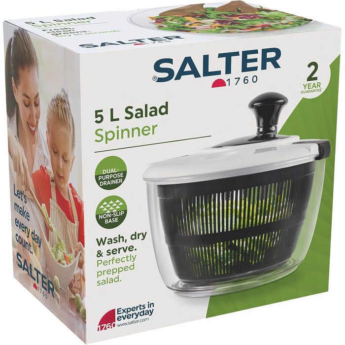 Салатниця Salter 3,5 л – миття, сушіння та подача, кухонний сушар для салату, неслизька основа, з дресінгом, подвійна функція сушіння, здорове харчування, свіжий салат, чорний (5л)