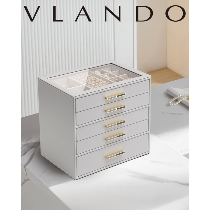 Шкатулка для прикрас Vlando 5-ярусна сіра, з скляною кришкою, органайзер для намист, кілець, сережок, браслетів