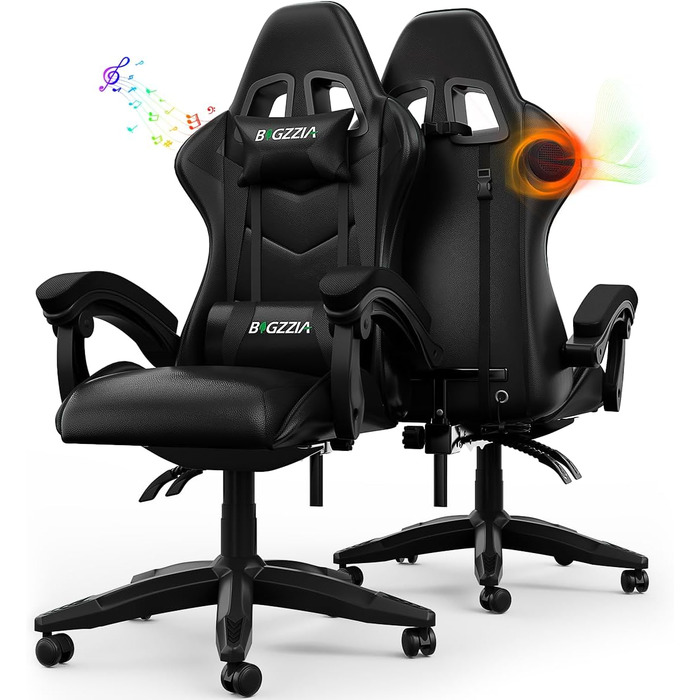 Геймерське крісло Racingreat LED RGB з підсвіткою, підголівником та підтримкою попереку, регульоване, для дітей та дорослих (чорне, з динаміками)
