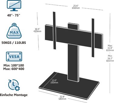 Підставка для телевізора FITUEYES, поворотна, для LCD, LED, OLED, Plasma, 40-80 дюймів, до 50 кг, VESA 600x400 мм
