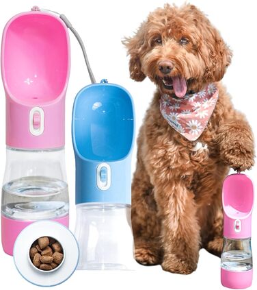 Турбота про тварин 2в1 пляшка для води та ласощів для собак [460 мл] - Переносна пляшка для собак з легким доступом до води та смаколиків, BPA-free, ідеальна для прогулянок, подорожей, рожева