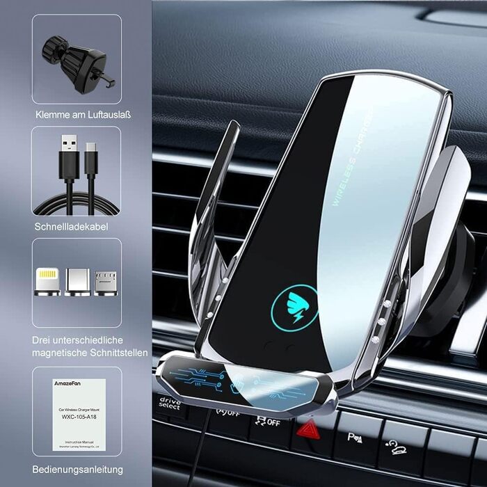 Автомобільний бездротовий зарядний пристрій AmazeFan 15W Qi з тримачем для телефону, чорний