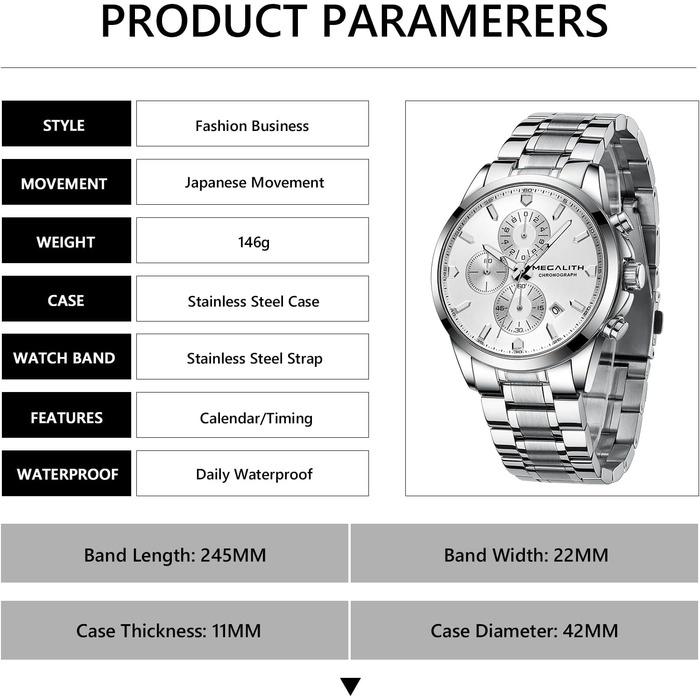 MEGALITH Чоловічий годинник з нержавіючої сталі, Хронограф, Водостійкий, Аналоговий годинник для чоловіків, Бізнес-дизайн, Календар, Світіння (B-silver)