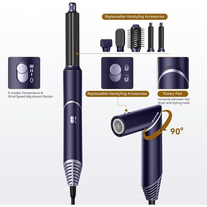 UKLISS 6-в-1 Аirstyler: Фен-щітка, Дифузор, Локон-щітка, Горячий повітря, Іонізація 60,000 U/min, Золотий (Синій)