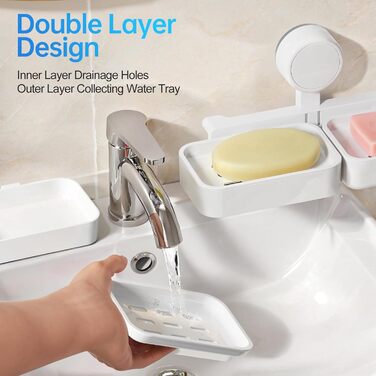 Миска для мила з двошаровою конструкцією та присоском, милотримач на стіну без свердління, милотримач для душу з піддоном, білий, 2 яруси