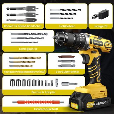 Акумуляторний дриль-шуруповерт 21V з 2 акумуляторами 2000mAh, 45Nm, 25+3 ступені крутного моменту, 10мм патрон, 27 предметів + кейс для домашніх DIY проектів