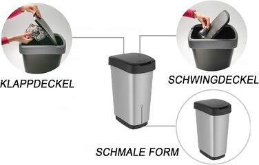 Відро для сміття Rotho Twist 25л з кришкою, пластик PP, BPA-free, чорний/сріблястий, 25л