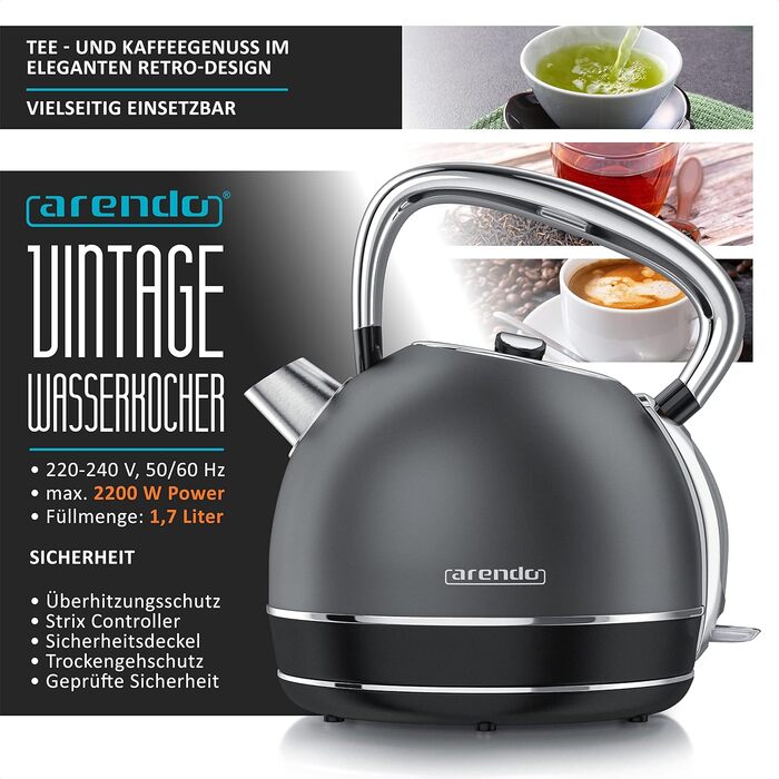 Arendo Retro Stainless Steel Kettle - 2.2L, 2200W, Cool Grey - Electric Kettle with Removable Scale Filter & Auto Shutoff