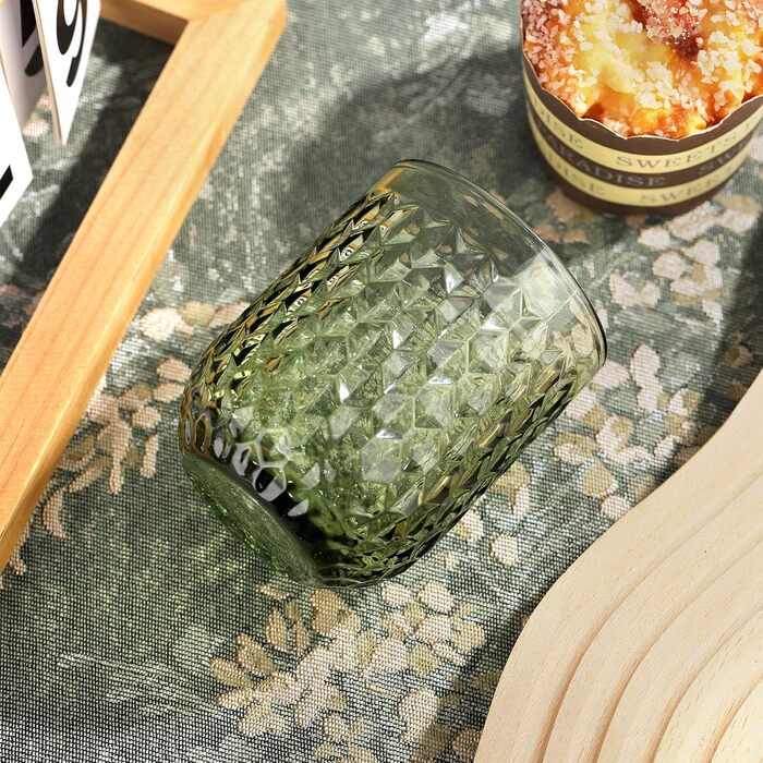 Joeyan 200ml Small Green Drinking Glasses Set of 6, Colorful Water Glasses Set with Diamond Embossed Design, Vintage Glasses Set for Home Restaurant Bar, Dishwasher Safe