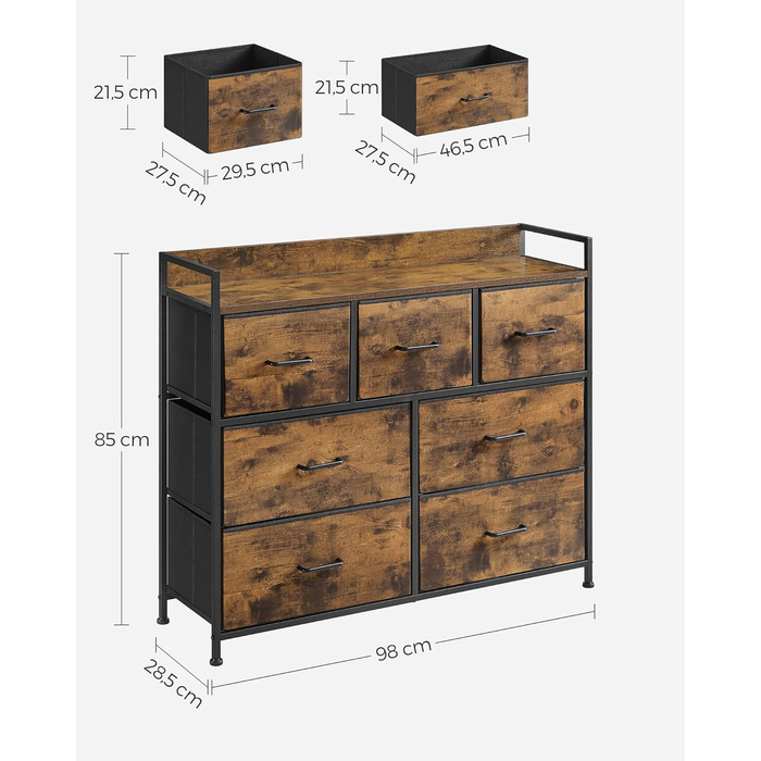 SONGMICS Chest of Drawers, Cabinet, 7 Fabric Drawers with Handles, Metal Frame, Industrial Design, Vintage Brown-Ink Black LTS137B01