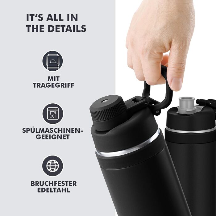Термос Thermos Ultralight Max з ручкою, вакуумна пляшка з нержавіючої сталі 750 мл, матовий чорний (Charcoal Black Mat)