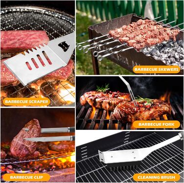 Набір аксесуарів для гриля Premium Grillzubehör Set 10-teilig Edelstahl Rostfrei - 10 предметів з нержавіючої сталі: шпатель, щипці, виделка, щітка для чищення. Для гриля, BBQ, кемпінгу, саду. Міцний набір для гриля.