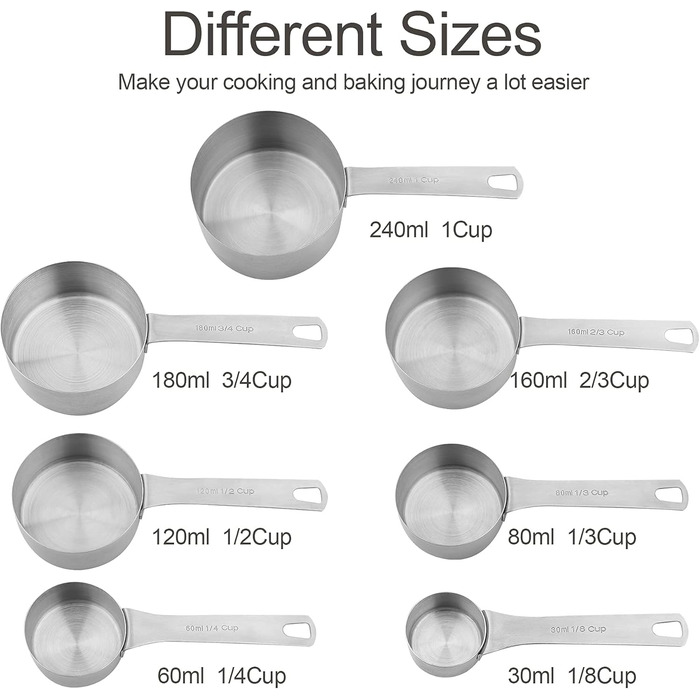 Measuring Cup and Spoon Set - 18 Piece, 18/8 (304) Stainless Steel, Robust Material - 7 Measuring Cups, 8 Measuring Spoons, 1 Leveler, 2 Rings