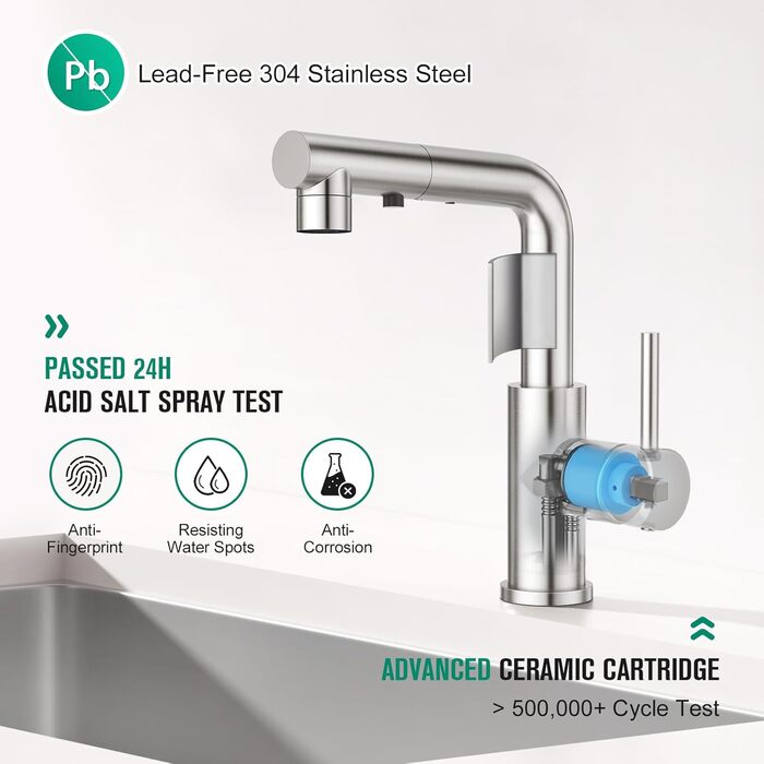 Кран кухонний CREA з 3 функціями, висувна лійка, поворот на 360°, матовий (з нержавіючої сталі)
