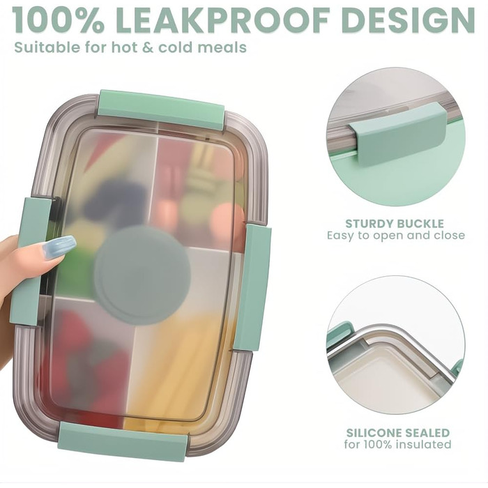 Ланчбокс Bugucat 2000 мл, витримує протікання, бенто-бокс з відділеннями для їжі, контейнер для салату, набір з виделкою, для школи, пікніка, чорний (2000 мл)