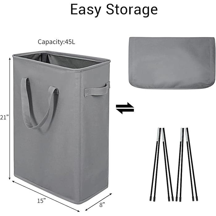 Chrislley Slim Laundry Basket Small Laundry Basket Foldable Laundry Basket Collapsible Laundry Bag Narrow Laundry Basket with Handle - 45L Grey