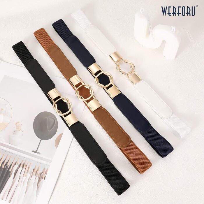 Жіночий еластичний пояс WERFORU (4 шт.) – чорний, коричневий, білий, синій – для талії 95-108 см, з золотою пряжкою