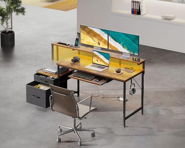 Ігровий стіл Coleshome з LED підсвічуванням, стіл для комп'ютера з ящиками з тканини, 2 розетки та 2 USB-порти, стіл для дому та офісу з підставкою для монітора (140x48 см, коричневий)