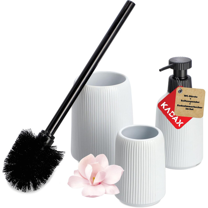 KADAX Bathroom Accessories Set, Modern Bathroom Accessories, Ceramic Bathroom Accessories, Bathroom Accessories (White: Toothbrush Holder, Soap Dispenser, Toilet Brush)