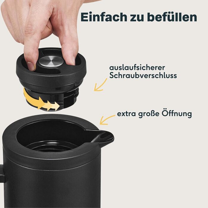 SILBERTHAL Thermos Flask 1L Stainless Steel - Double-Walled Insulated Flask Keeps Drinks Warm for 12h & Cold for 24h - With Twist-Lock Closure & Glass Insert - Modern Coffee Pot in Matte Black
