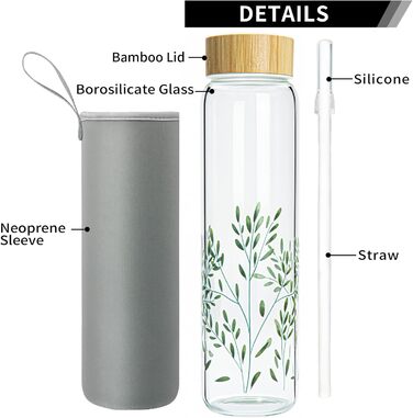 Glass Water Bottle 1L - Glass Water Bottle with Bamboo Lid 1 Liter (Green Leaves 1liter, 1000ml)