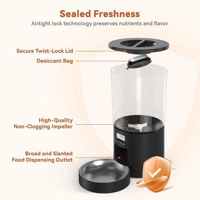 Автомат годівлі для котів 4.2L з окремою мискою, програмоване годування, подвійне живлення, 6 прийомів їжі на день (Чорний), миска з нержавіючої сталі