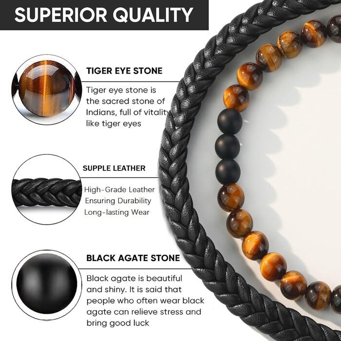 Чоловічий браслет з натуральної шкіри, чорний, плетений, з магнітною застібкою (2 шт.)