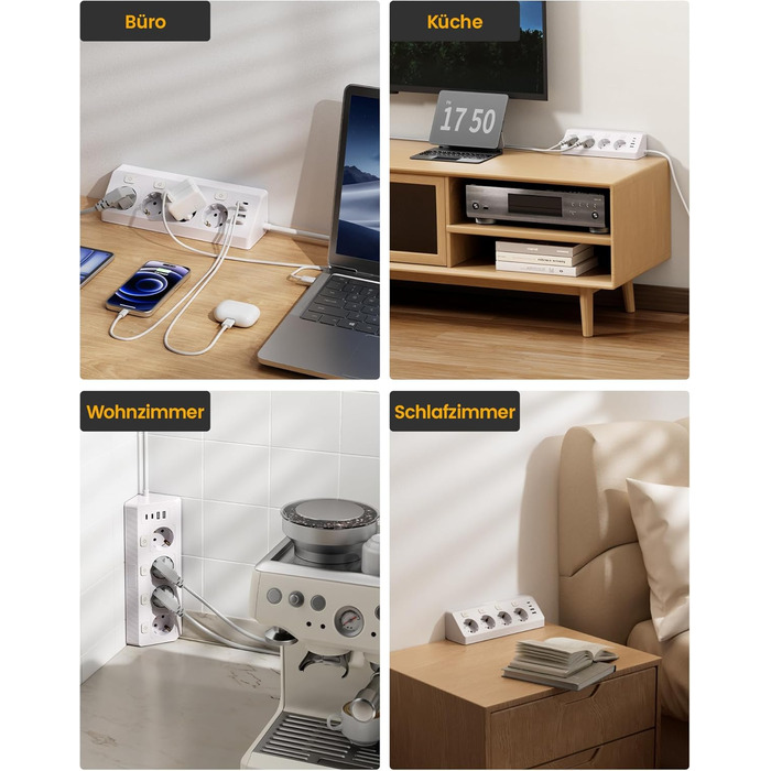 Розетка кутова з 2 USB та 2 Type-C, 16A/3840W, настінна, з кабелем 2м, для офісу, кухні та вітальні, біла