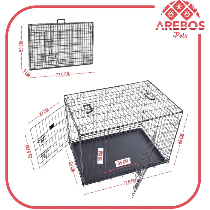 Клітка для собак Arebos 77,5 x 53 x 59 см | Транспортна переноска для собак, складана | Чорна клітка для собак | Клітка для собак з 2 дверцятами