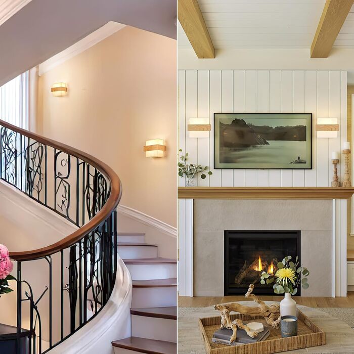 Настінний світильник Gleonlux Wandleuchte Holz, Внутрішнє освітлення в стилі ретро, Boho, Industrial, для дому, сходи, вітальня, спальня, коридор, матеріал: дерево, тканина, цоколь E14, розмір 22.5x13x20 см