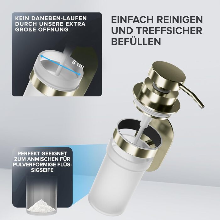 ovimar Soap Dispenser Sand | Gold | Wall Mounting without Drilling | Made of Stainless Steel and Modern Glass | Large Opening | Suitable for Bathroom or Kitchen | Also Suitable as a Hand Sanitizer Dispenser