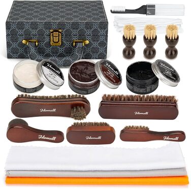 Shoe Polish Set 16-Piece, Premium Deluxe Shoe Cream Kit - 2.65 oz black, brown, and neutral shoe cream with brushes, polishing cloth, and more - Perfect gift for leather shoes and boot care set