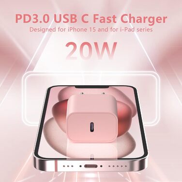 Зарядний пристрій USB-C 20W для iPhone 17/16/15 Pro/Plus, кабель Type-C 2м, PD3.0 адаптер, рожевий