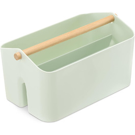 Navaris Storage Box with Wooden Handle - 2 Compartment Box Organizer for Bathroom Kitchen - Basket Storage for Cutlery Cleaning Supplies Portable Small - mint green