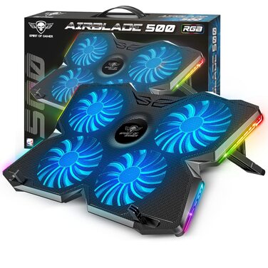 Охолоджувач для ноутбука Spirit of Gamer AIRBLADE 500 (10-17 дюймів), 4 тихі вентилятори, RGB підсвічування, сумісний з PC, PS5, PS4, Xbox