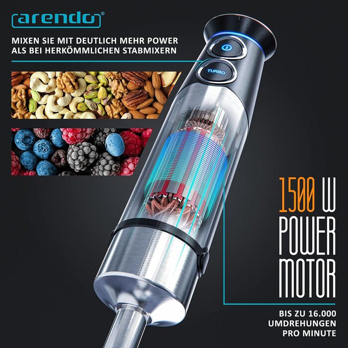Блендер заглибний Arendo Stabmixer Edelstahl 1500 Вт - набір для приготування супів, смузі та соусів. Регулювання швидкості, турбо-режим, 800 мл мірний стакан, насадка-міксер.