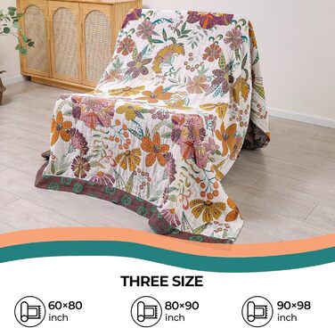 Плед-накидка на диван HOORDRY богемного стилю, 230x250 см, бавовна, для 2-3 місць, з кистями, зелено-білий