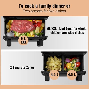 Фритюрниця повітряна LLIVEKIT з 2 камерами та вікном, 4.5л+4.5л, 9-в-1, XXL, без олії, з сенсорним екраном, таймером