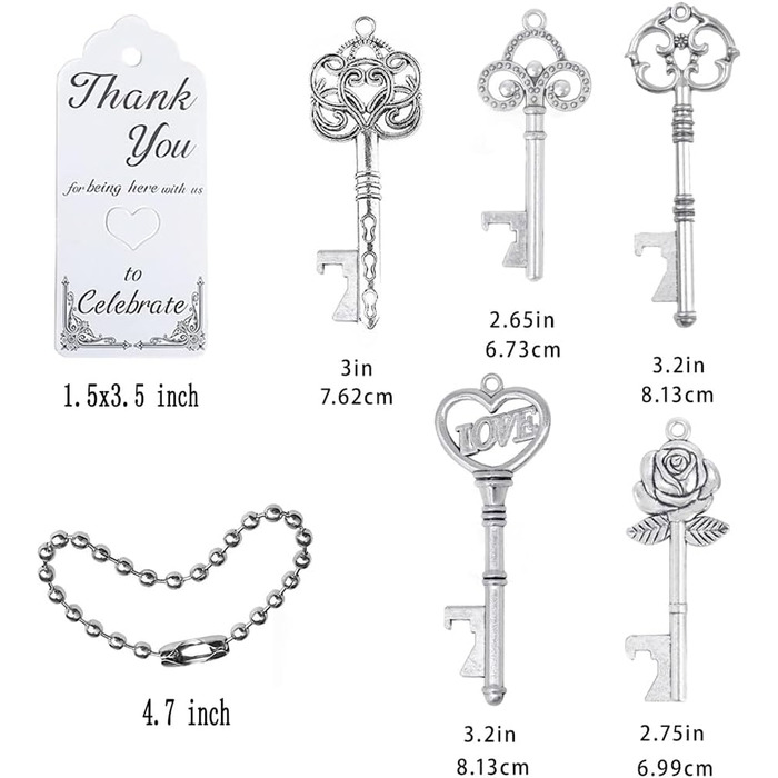Aokbean Vintage Bottle Opener 100pcs Skeleton Wedding Gifts Guest Memorial Favor Set with Thank You Card and Chain for Wedding Birthday Baptism Party Gifts (Antique Silver)