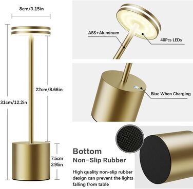 LED лампа Hapfish настільна бездротова, акумуляторна, 5000mAh, сенсорне керування, регулювання яскравості, з батареєю, алюміній, 3 колірні температури, для вулиці, нічника, столу, робочого столу – (2 шт. бронза)