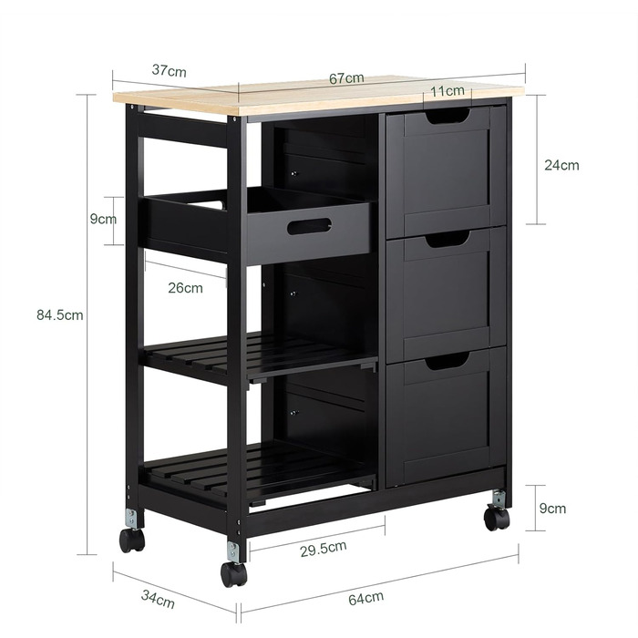 SoBuy Rolling Kitchen Cart with 2 Removable Shelves and 1 Tray - White/Black