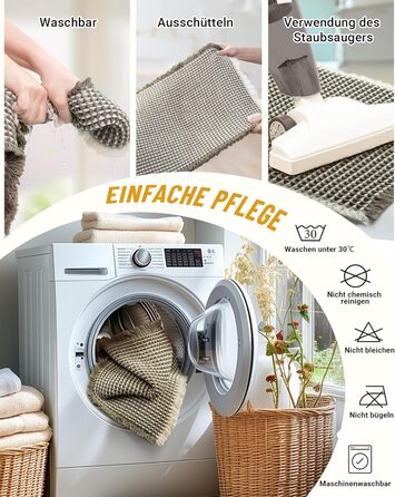 Boho Bathroom Rug Set - Non-Slip Bath Mats 2-Piece Set - Washable Shower Rugs for Bathroom, Bedroom, Living Room - 51x120cm + 41x61cm (Green & White)