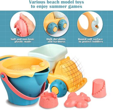 Sanlebi 17-Piece Beach Sand Toy Set with Water Wheel, Beach Buggy, Bucket, Mesh Bag, Sand Molds, Soft Plastic Toy Beach for Kids Boys Girls