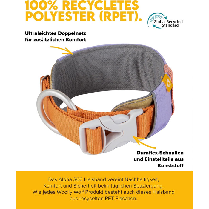 Нашийник для собак середнього розміру Woolly Wolf Alpha 360, колір Гляцієрово-зелений - екологічний, світловідбиваючий, для підвищеної безпеки при поганій видимості (L)